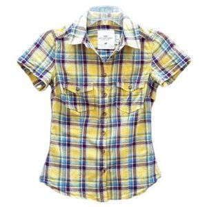 H&M Shirt Button Front Fitted Yellow Plaid Short Sleeves 2